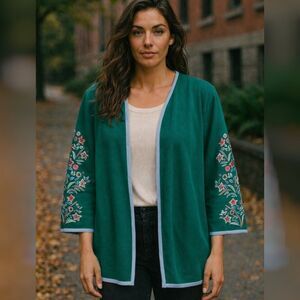 NWT 3X Bob Mackie Wearable Art Emerald Green Embroidered Open Front Cardigan